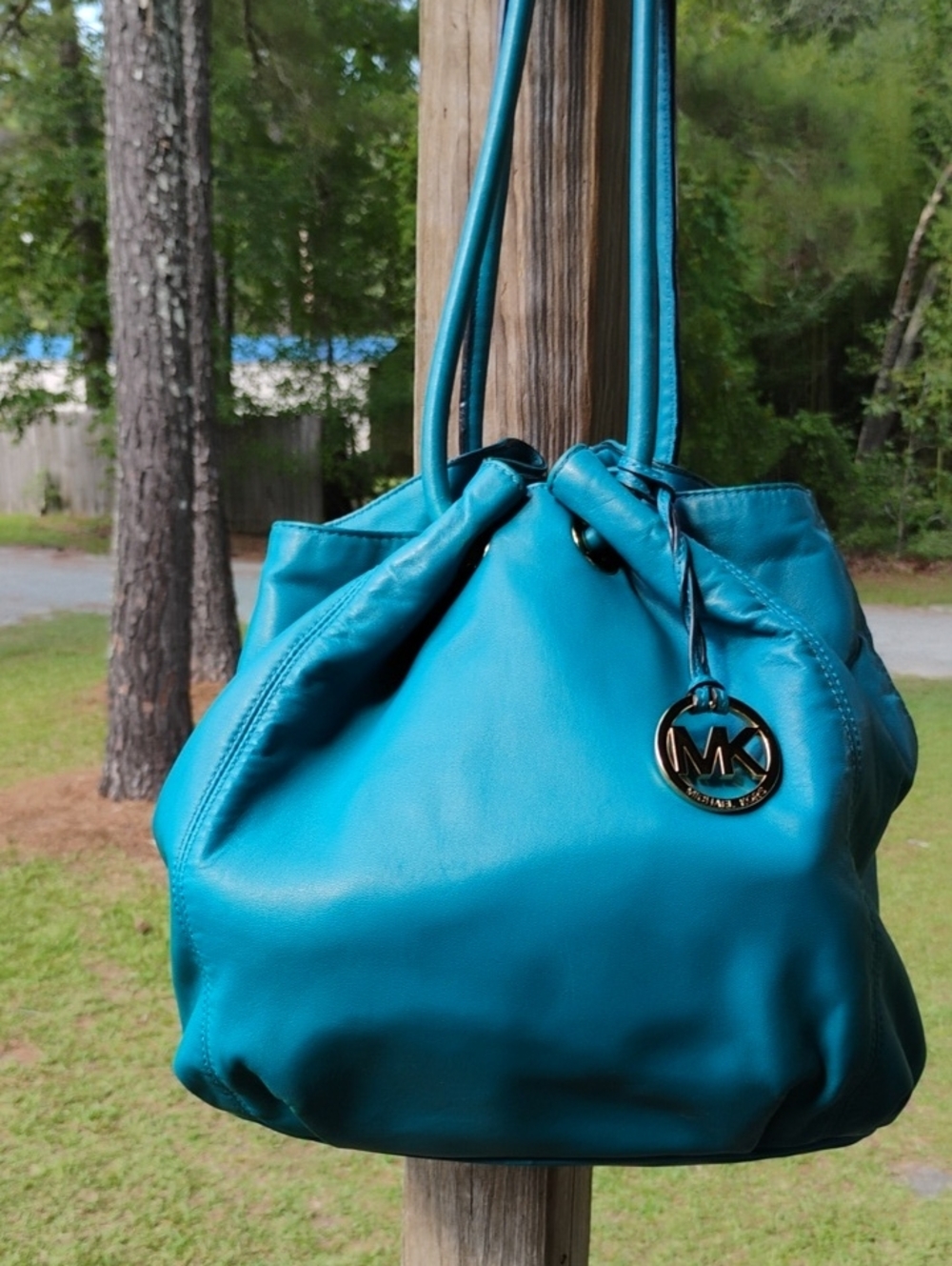 Michael Kors Teal  Leather Shoulder Bag With Tassel On The Back Free Shipping